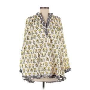 D And D Oversized V Neck Block Print Yellow White Cotton Blouse Tunic